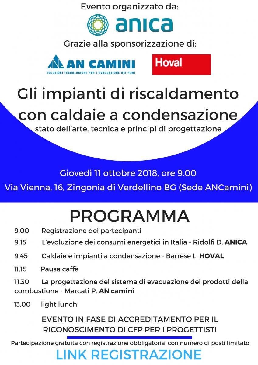Gli impianti di riscaldamento con caldaie a condensazione - incontro tecnico l'11.10.2018